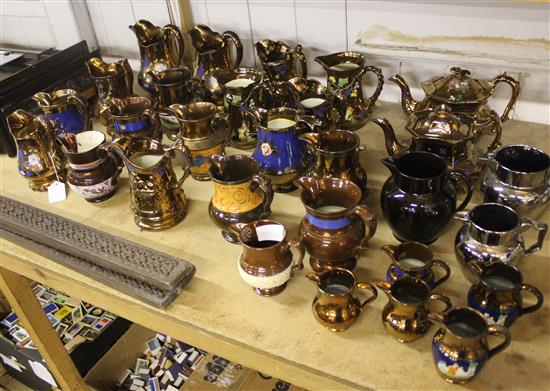 Collection of 19thc copper lustre jugs, 2 teapots, 2 silver lustre jugs